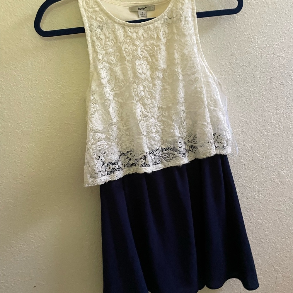 Papaya brand dress with cream floral top and navy skirt